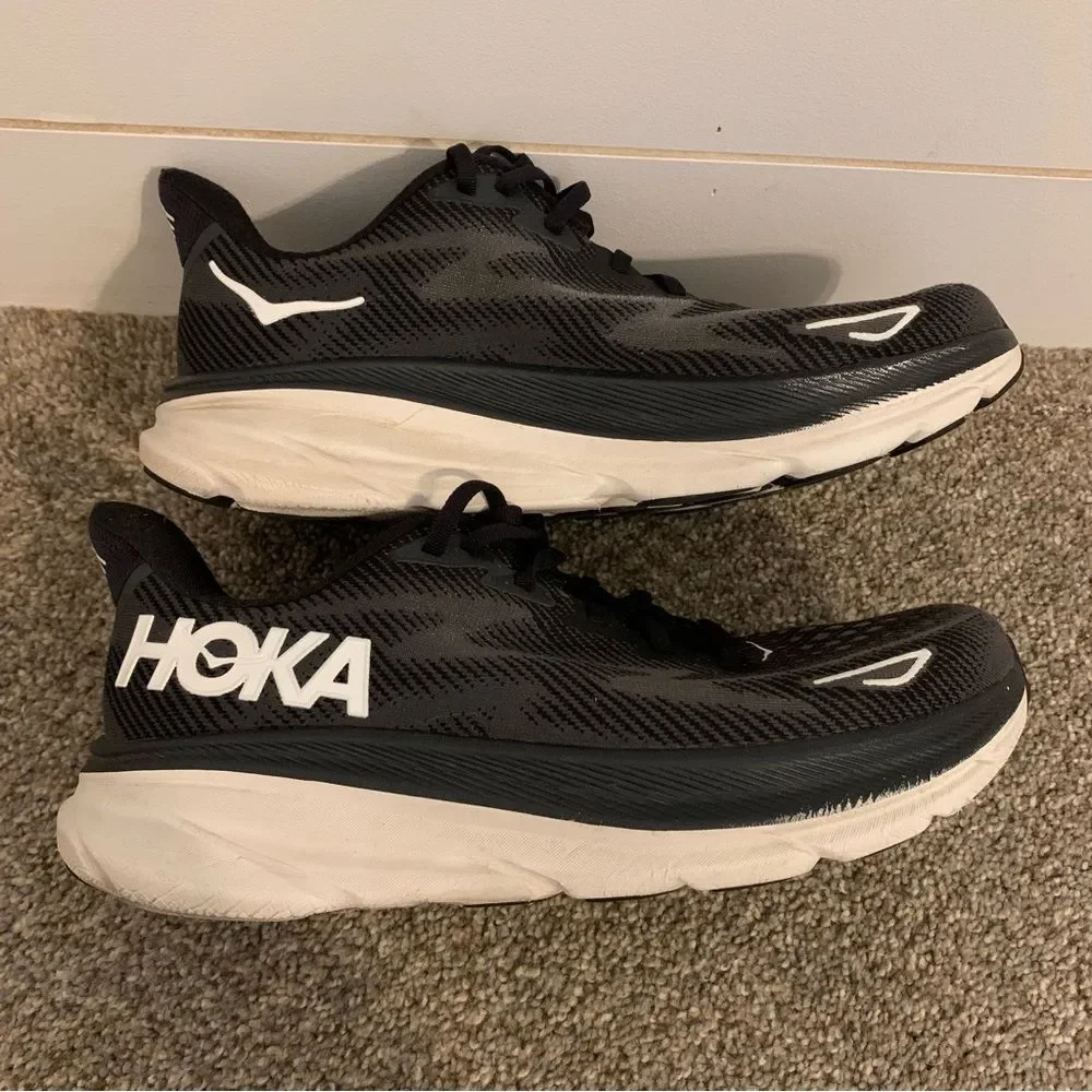 HOKA one one Clifton 9 running sneakers black white 11B woman’s unisex walking - Picture 8 of 13